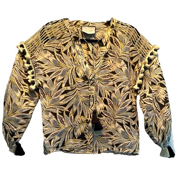 Alexis Seila Split-Neck Long-Sleeve Palm-Print Top size Medium - Picture 2 of 10